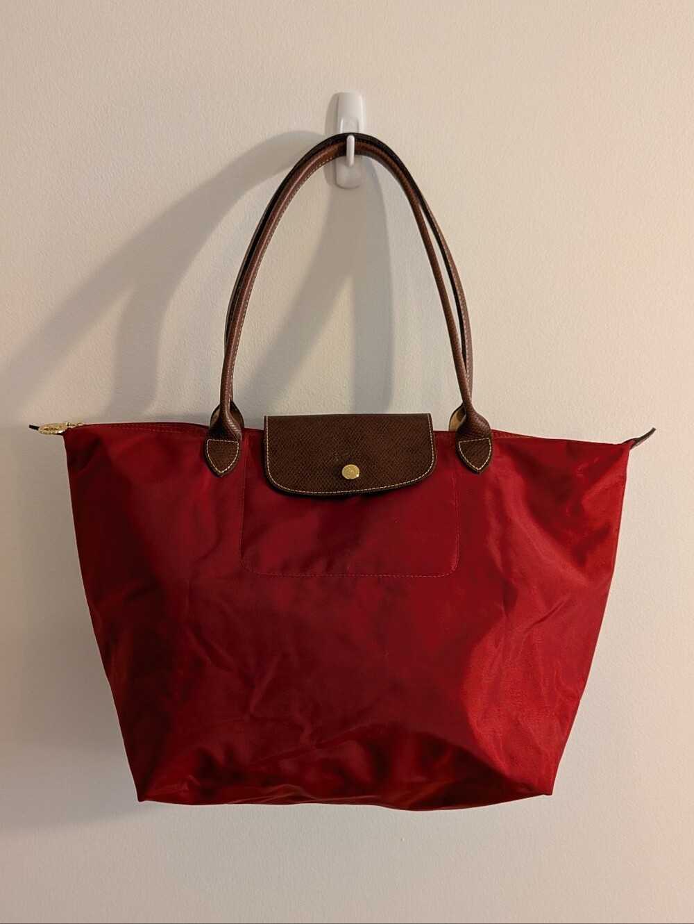 Longchamp Le Pliage Large Red Nylon Leather Tote Foldable Shoulder Bag